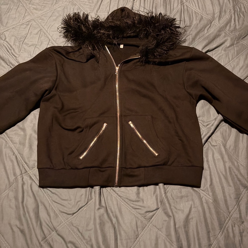 Black Faux Fur Hooded women jacket